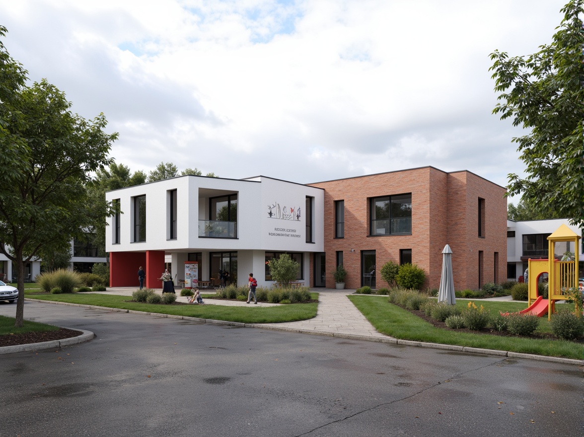 Prompt: Primary school facade, bold geometric forms, rectangular windows, flat roofs, industrial materials, exposed brick walls, functionalist architecture, minimalist ornamentation, emphasis on functionality, simplicity and clarity, bright primary colors, playful typography, educational signage, outdoor play areas, asphalt playgrounds, modernist landscaping, urban surroundings, cloudy sky, soft diffused lighting, 1/2 composition, symmetrical framing, high-contrast textures, subtle ambient occlusion.