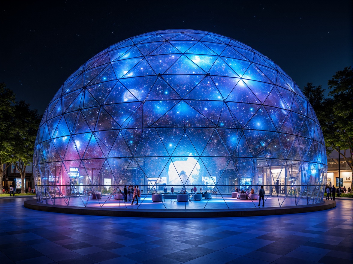 Prompt: Geodesic dome, futuristic architecture, sleek metal cladding, dynamic LED lighting, iridescent colors, celestial patterns, minimalist interior design, circular seating arrangement, interactive exhibits, virtual reality experiences, 360-degree projections, immersive sound systems, dark blue ambiance, soft spotlights, shallow depth of field, 1/1 composition, panoramic view, realistic textures, ambient occlusion.