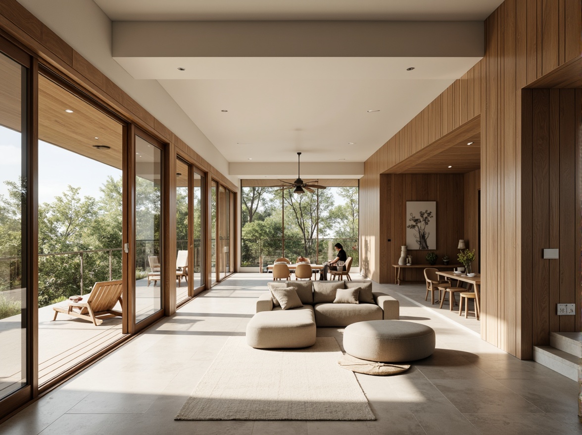 Prompt: Minimalist villa, clean lines, monochromatic color scheme, natural materials, wooden accents, floor-to-ceiling windows, sliding glass doors, open-plan living space, low-profile furniture, hidden lighting systems, subtle textures, earthy tones, serene atmosphere, shallow depth of field, 1/1 composition, panoramic view, soft warm lighting.