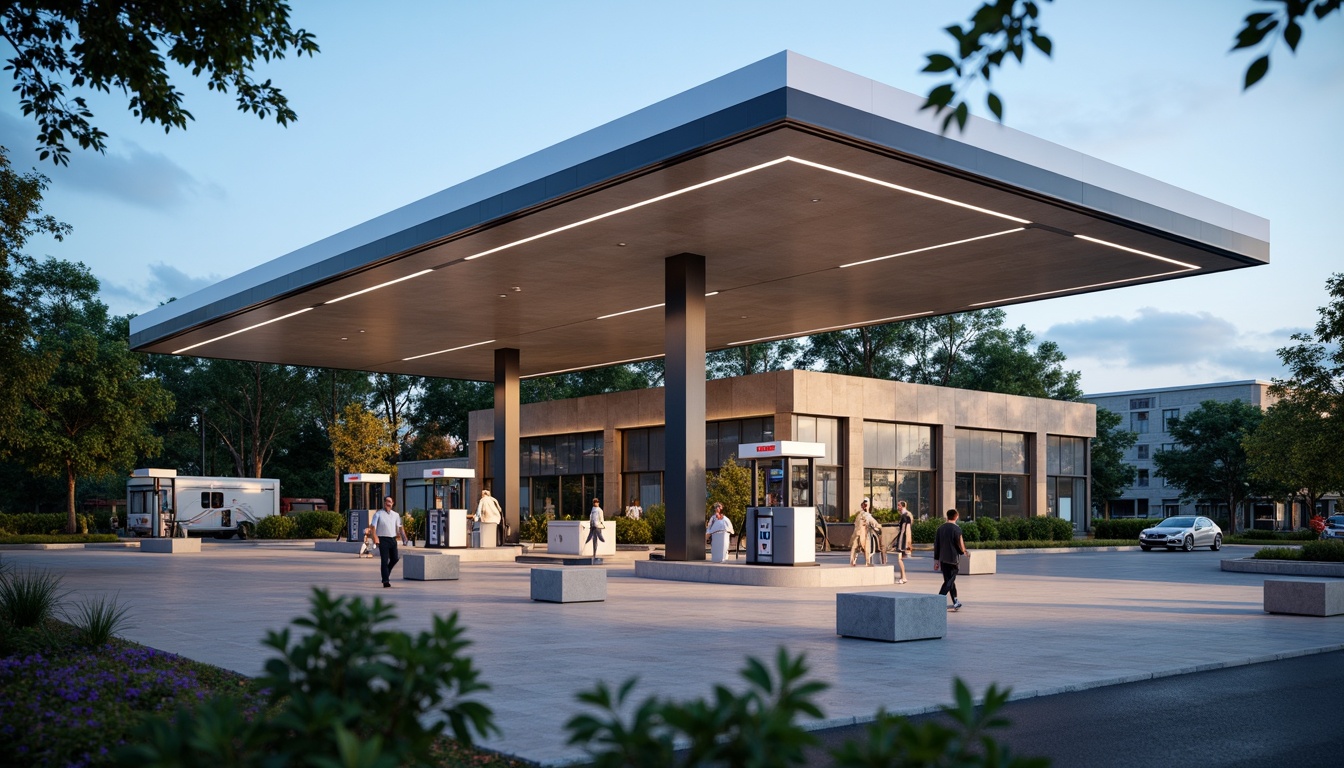 Prompt: Modern gas station, functional layout, clean lines, minimalist aesthetic, industrial materials, steel beams, concrete floors, glass facades, geometric shapes, bold typography, user-centric design, accessible fueling areas, convenient payment systems, efficient traffic flow, ample parking spaces, lush greenery, natural stone accents, warm LED lighting, shallow depth of field, 1/1 composition, realistic textures, ambient occlusion.