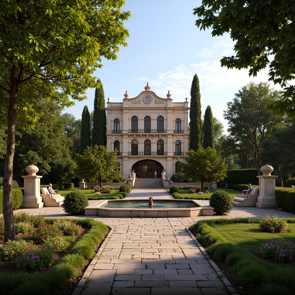 Prompt: Ornate Baroque palace, lush greenery, vibrant flowerbeds, ornamental fountains, intricately carved stone statues, meandering walkways, rustic stone paths, majestic trees, soft warm lighting, dramatic shadows, 1/2 composition, romantic atmosphere, realistic textures, ambient occlusion, tranquil ambiance.