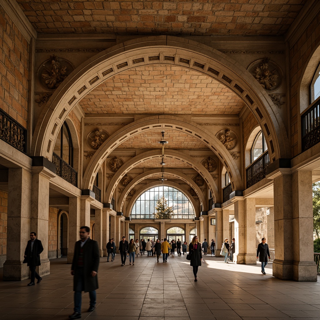 Prompt: Romanesque-style metro station, grand archways, ornate stonework, rustic brick walls, vaulted ceilings, intricate carvings, decorative columns, sturdy stone pillars, warm beige tones, atmospheric lighting, shallow depth of field, 1/2 composition, dramatic shadows, realistic textures, ambient occlusion, urban underground setting, busy pedestrian traffic, modern transportation hub.