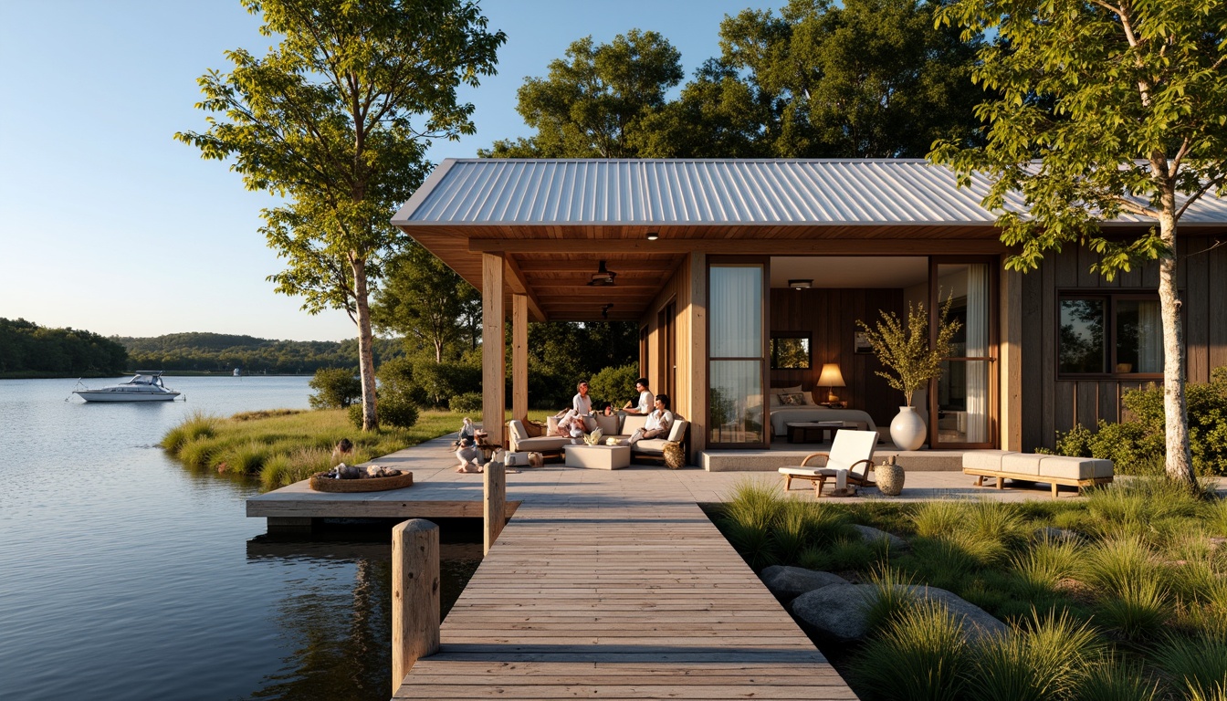 Prompt: Waterfront setting, rustic wooden dock, serene lake views, boathouse design, natural materials, reclaimed wood accents, corrugated metal roofing, weathered wooden siding, nautical-themed decor, cozy interior spaces, plush furniture, warm lighting, earthy color palette, organic textures, subtle reflections, shallow depth of field, 2/3 composition, warm sunny day, soft gentle lighting.