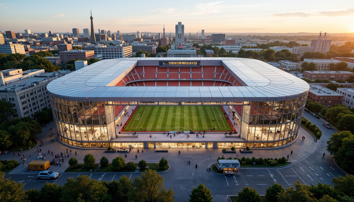 Prompt: Transparent stadium fa\u00e7ade, gleaming glass surfaces, cantilevered rooflines, column-free interior spaces, retractable seating systems, state-of-the-art LED lighting, open-air concourses, panoramic city views, minimalist structural elements, sleek metallic cladding, dynamic shading devices, naturally ventilated corridors, integrated solar panels, rainwater harvesting systems, lush green roofs, vibrant urban surroundings, bustling event atmosphere, warm golden hour lighting, shallow depth of field, 2/3 composition, symmetrical framing, realistic reflections.