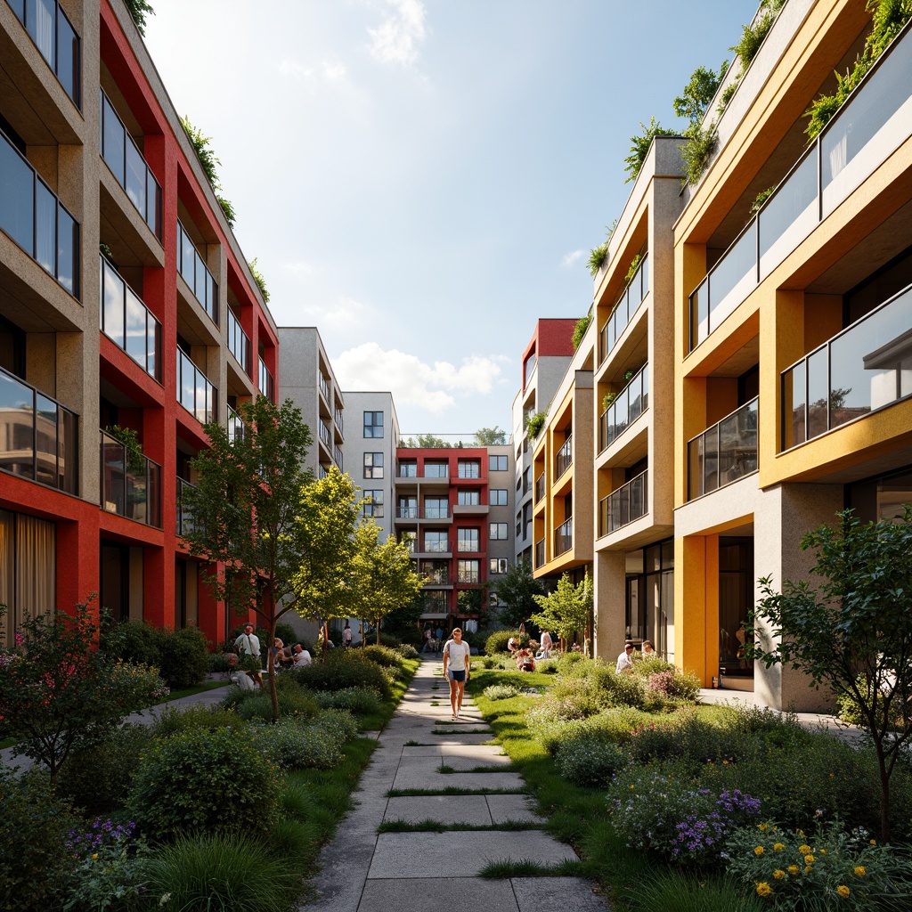 Prompt: Vibrant community center, modern social housing, bold color schemes, textured concrete walls, perforated metal panels, living green walls, vertical gardens, angular balconies, cantilevered roofs, transparent glass railings, urban landscape, dense cityscape, warm sunny day, soft natural lighting, 3/4 composition, shallow depth of field, realistic textures, ambient occlusion.