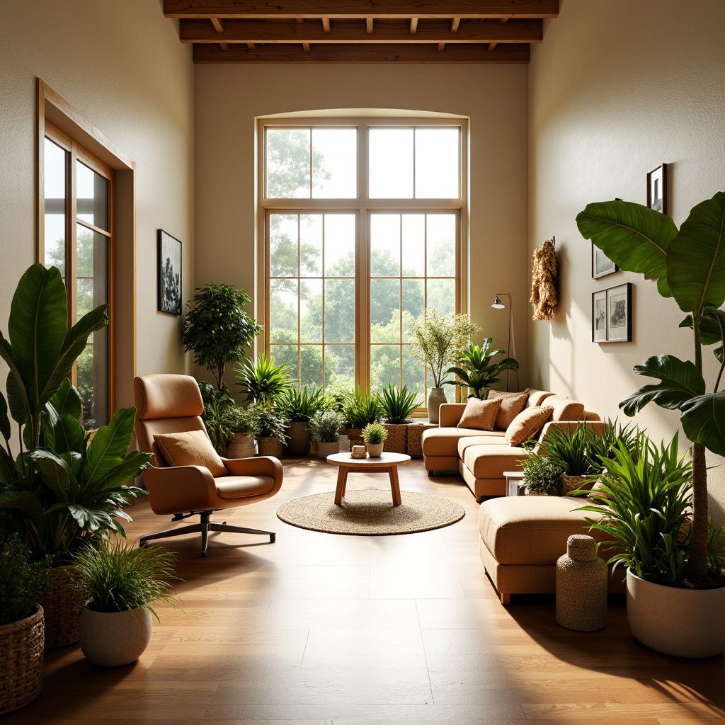 Prompt: Vibrant office space, floor-to-ceiling windows, minimalist decor, warm beige walls, polished wooden floors, comfortable ergonomic furniture, lush greenery, potted plants, natural textiles, earthy color palette, abundant sunlight, soft diffused lighting, shallow depth of field, 1/1 composition, realistic reflections, ambient occlusion.