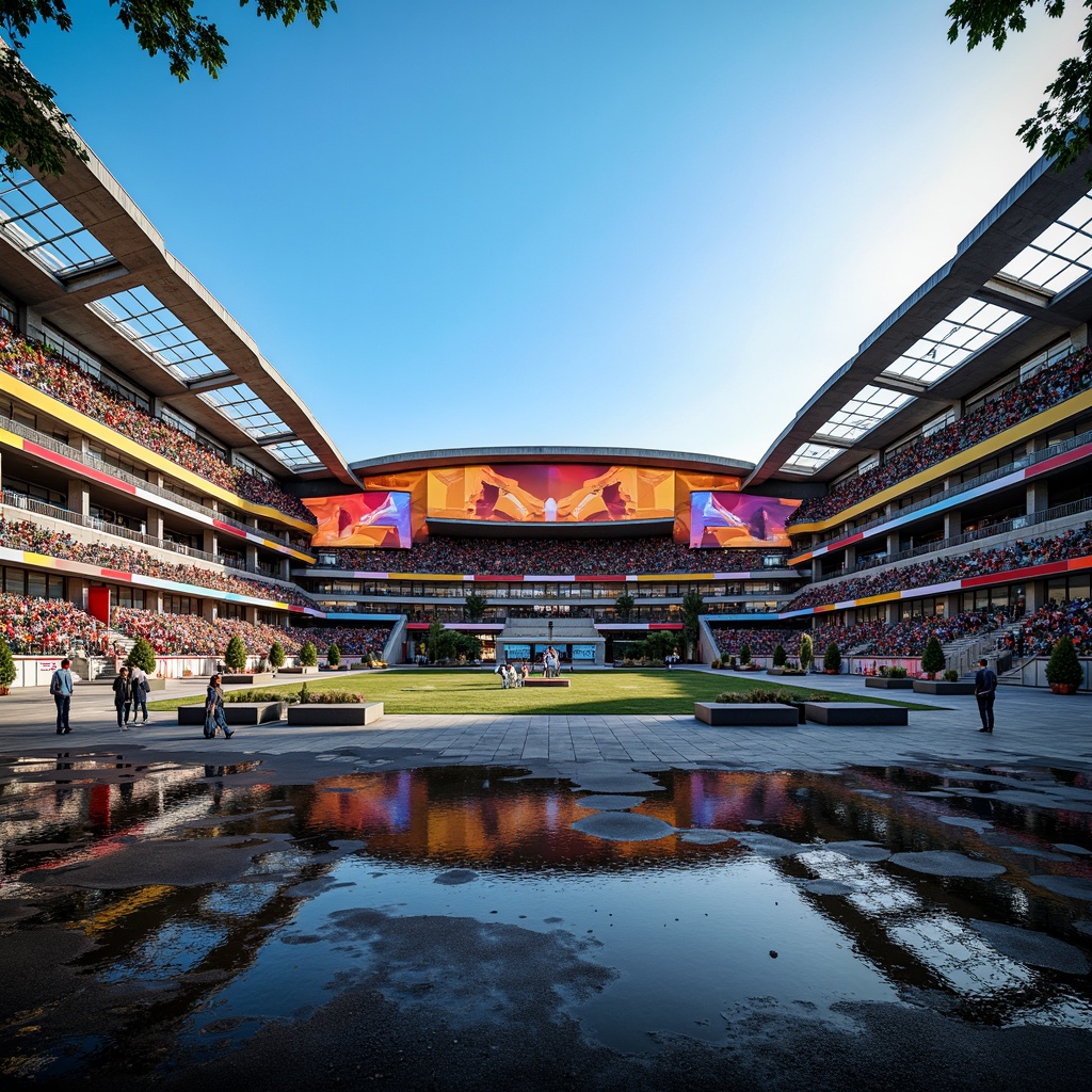 Prompt: Vibrant football stadium facade, dynamic curved lines, sleek metallic materials, modern LED lighting systems, towering grandstands, tiered seating areas, cantilevered roofs, imposing entrance gates, bold angular forms, energetic color schemes, contrasting textures, abstract pattern designs, futuristic architecture, sunny day, dramatic shadowing, high-contrast imaging, shallow depth of field, 3/4 composition, panoramic view, realistic reflections, ambient occlusion.