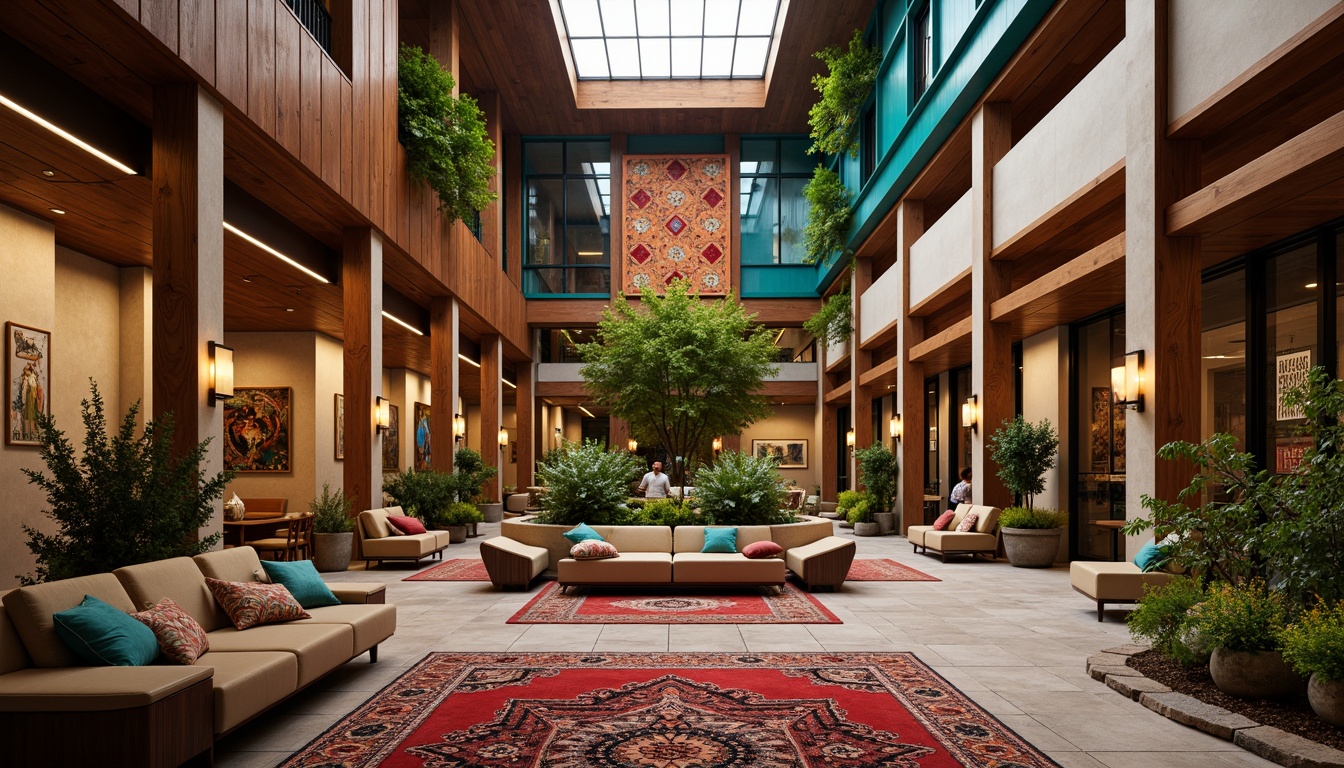 Prompt: Vibrant cultural center, rich wood accents, warm earthy tones, bold turquoise, deep crimson, golden lighting, intricate patterns, ornate textiles, eclectic artwork, global inspirational elements, modern minimalist architecture, angular lines, sleek metal fixtures, polished concrete floors, natural stone walls, abundant greenery, lush plants, soft warm lighting, shallow depth of field, 3/4 composition, panoramic view, realistic textures, ambient occlusion.