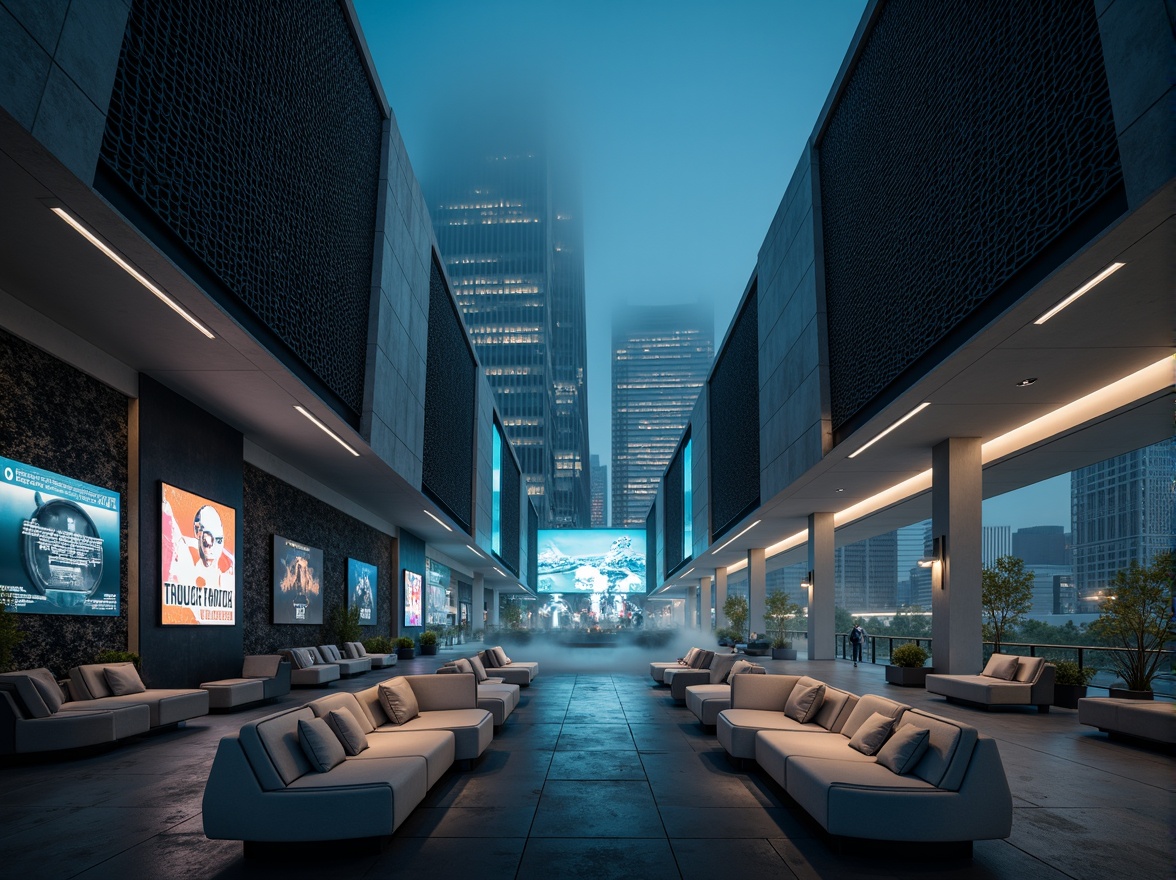 Prompt: Futuristic architecture design, sleek granite facades, metallic accents, neon lights, urban cityscape, nighttime atmosphere, misty fog effect, shallow depth of field, 1/1 composition, symmetrical framing, high-contrast lighting, dark shadows, reflective surfaces, angular lines, minimalist decor, futuristic gadgets, holographic displays, virtual reality interfaces, ambient occlusion.