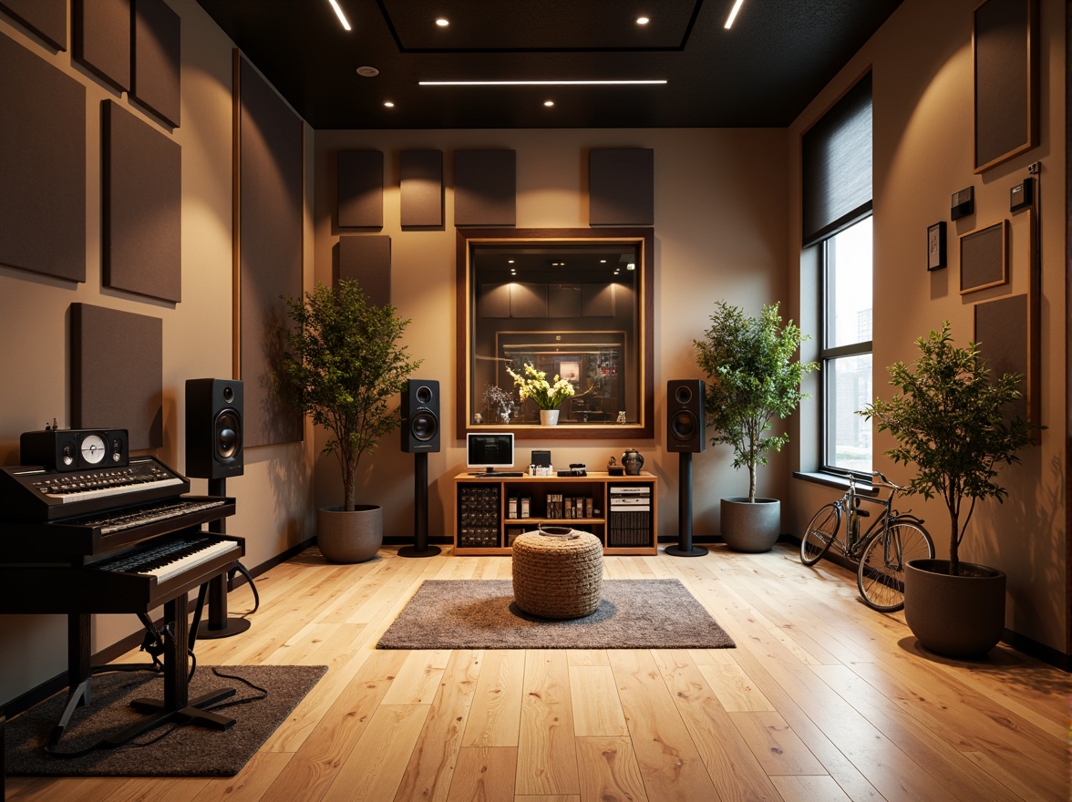 Prompt: Soundproof recording studio, acoustic panels, diffusers, bass traps, sound-absorbing materials, wooden flooring, minimalist decor, professional audio equipment, high-ceiling, rectangular room shape, natural light, soft warm lighting, 1/1 composition, shallow depth of field, realistic textures, ambient occlusion, detailed instrument reflections.