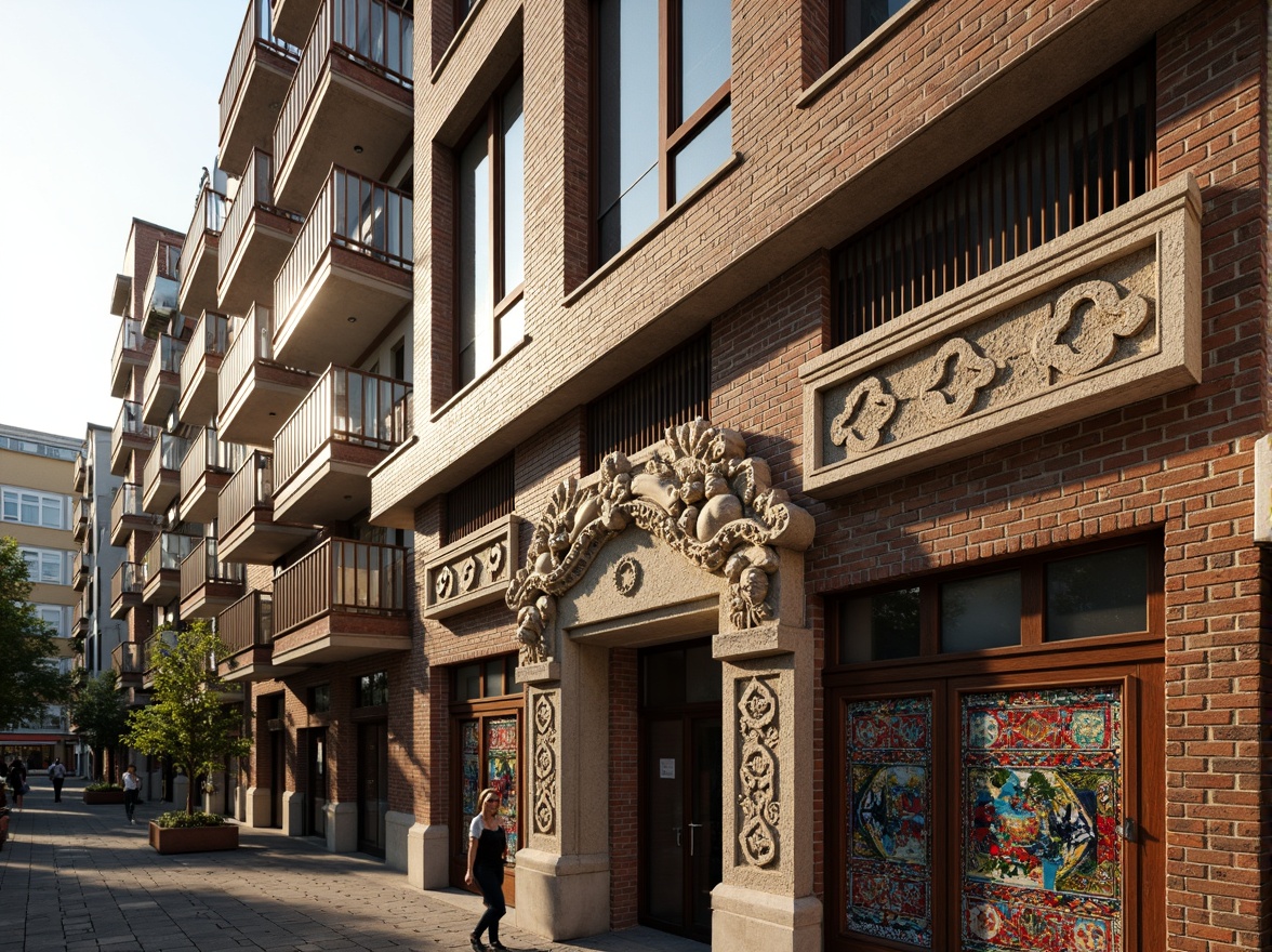 Prompt: Historic monument facades, ornate stone carvings, vibrant cultural patterns, social housing units, modernist architecture, angular balconies, colorful ceramic tiles, textured brick walls, large windows, glass railings, urban cityscape, bustling streets, morning sunlight, soft warm lighting, shallow depth of field, 3/4 composition, realistic textures, ambient occlusion.