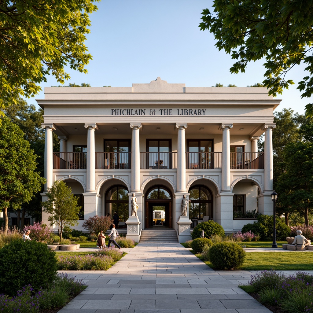 Prompt: Elegant library facade, grand entrance columns, ornate stone carvings, lush greenery, blooming flowers, manicured lawns, serene water features, classical statues, symmetrical landscaping, vibrant seasonal plants, natural stone walkways, wrought iron fences, lantern-style streetlights, warm golden lighting, soft focus blur, 1/2 composition, realistic textures, ambient occlusion.