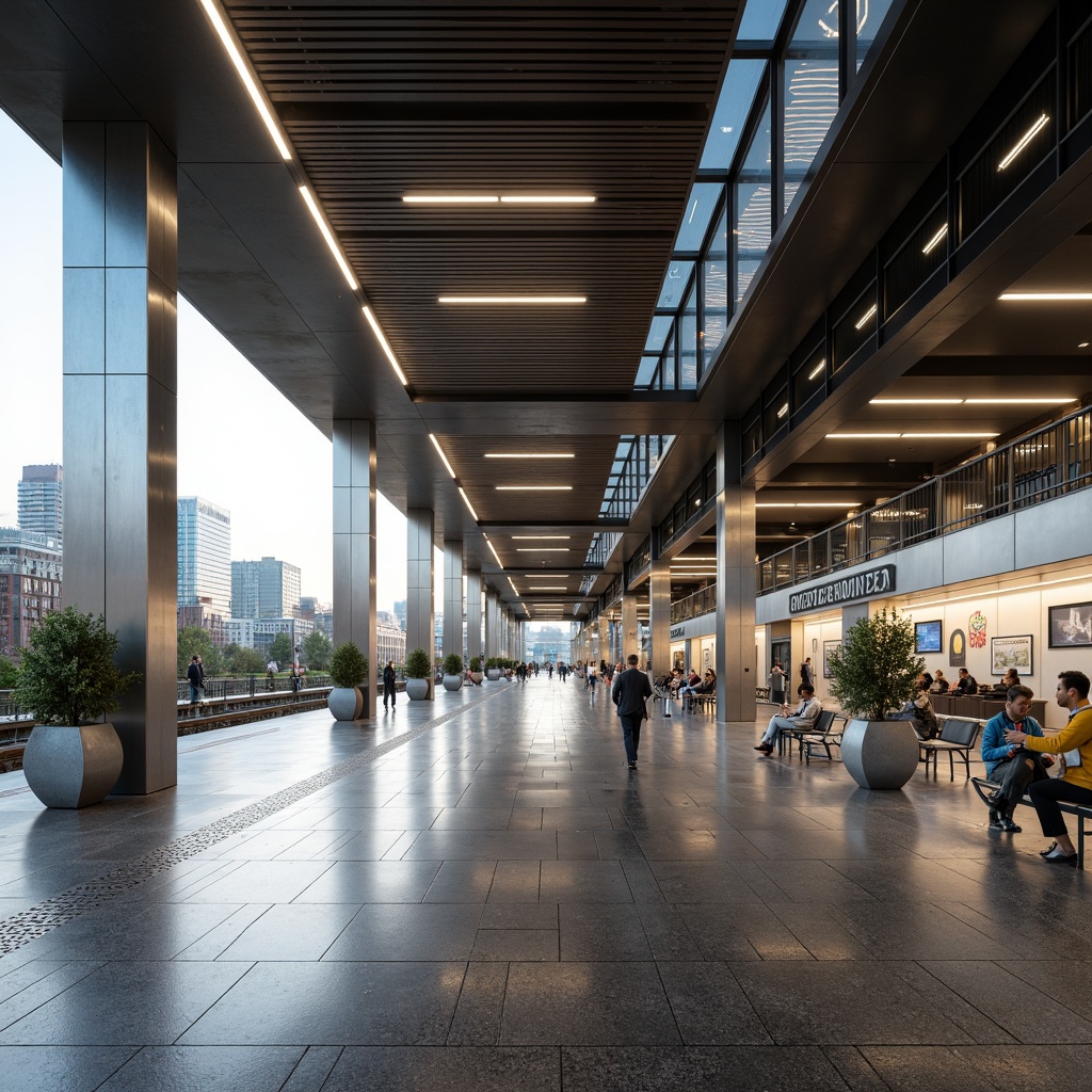 Prompt: Sleek modern train station, polished stainless steel columns, high-gloss epoxy floors, matte aluminum walls, LED lighting strips, glass roof atriums, minimalist signage, comfortable waiting areas, urban landscape views, bustling city atmosphere, warm neutral color scheme, subtle texture variations, realistic reflections, shallow depth of field, 2/3 composition, cinematic camera angles, soft natural light, vibrant cityscape.