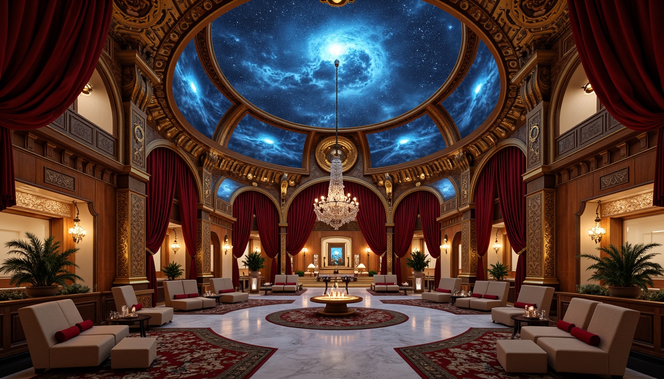 Prompt: \Opulent planetarium, grandiose chandeliers, intricate wooden carvings, lavish velvet drapes, ornate golden accents, majestic celestial bodies, starry night sky projections, richly patterned marble floors, curved lines, sweeping arches, domed ceilings, regal thrones, luxurious lounge seating, crystal glassware, heavy crimson curtains, dramatic spot lighting, warm candlelight ambiance, 1/1 composition, shallow depth of field, realistic reflections.\