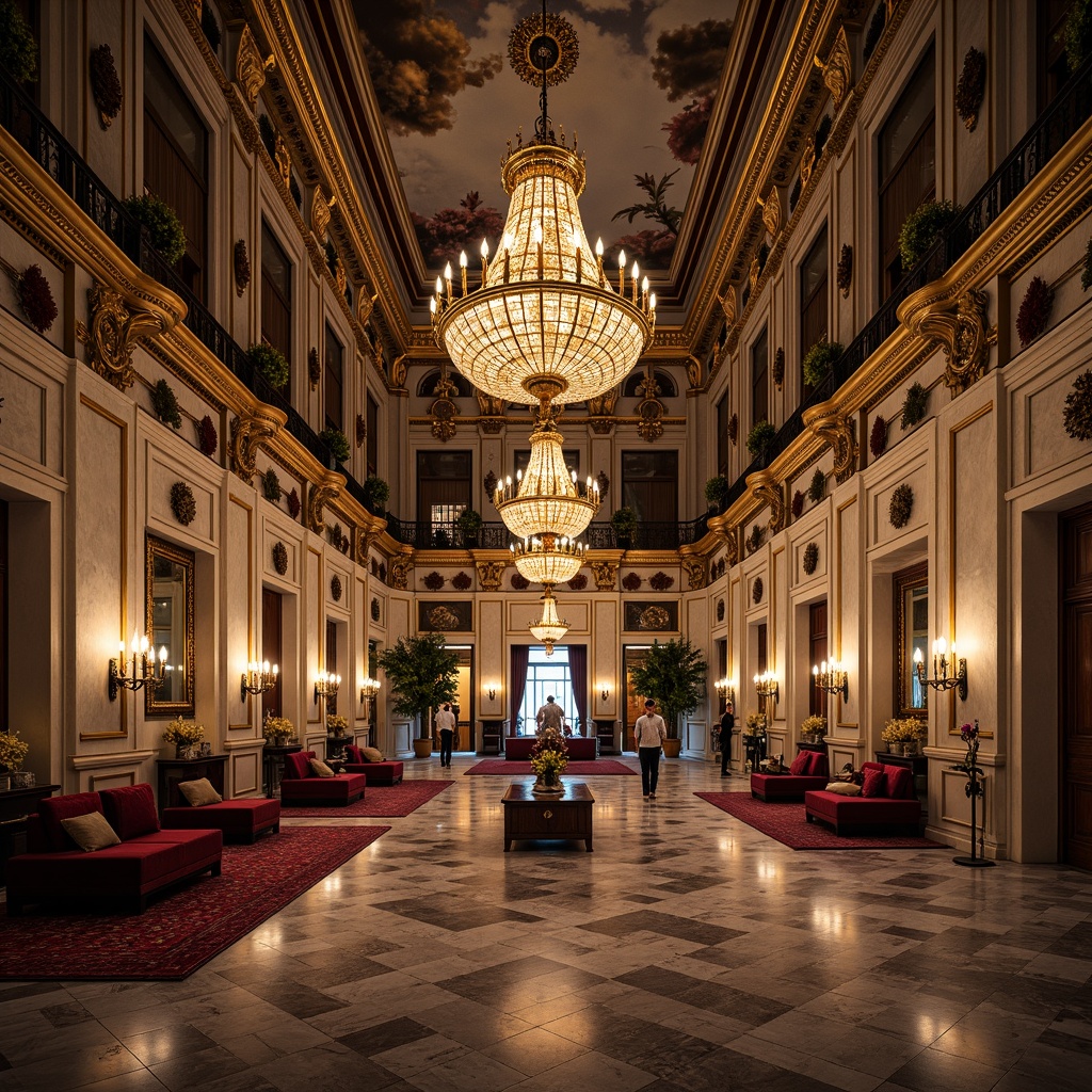 Prompt: Ornate palace interior, symmetrical layout, grandiose chandeliers, intricately carved furnishings, gilded decorations, rich velvet fabrics, ornamental mirrors, frescoed ceilings, marble flooring, imposing columns, dramatic lighting, shallow depth of field, central perspective, 2/3 composition, high contrast ratio, warm color palette, lavish textures.