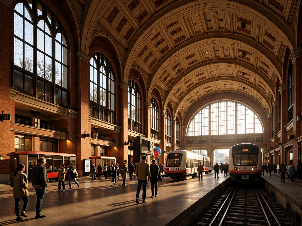 Prompt: Grand metro station, Romanesque archways, vaulted ceilings, ornate columns, intricate stonework, warm golden lighting, bustling urban atmosphere, busy commuters, modern transportation hub, sleek trains, efficient rail systems, industrial metallic tones, rustic brick textures, vibrant urban artwork, panoramic platform views, shallow depth of field, 1/1 composition, dramatic shadows, realistic ambiance.