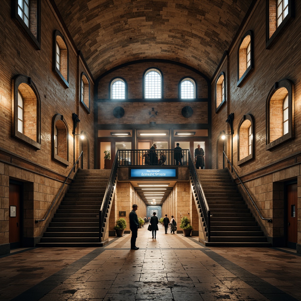 Prompt: Romanesque metro station, rugged stone walls, vaulted ceilings, arched windows, ornate columns, rustic brickwork, distressed stonework, grand entrance halls, sweeping staircases, ornate metal railings, richly colored tiles, warm ambient lighting, dramatic shadows, high-contrast textures, 1-point perspective composition, symmetrical framing, atmospheric fog effects.