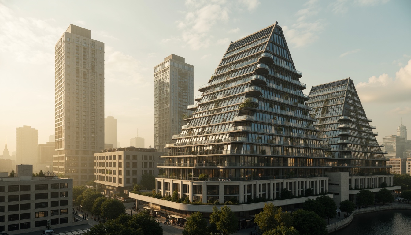 Prompt: Modern urban skyscraper, triangular rooftops, hexagonal columns, circular archways, geometric patterns, glass and steel fa\u00e7ade, angular balconies, futuristic cityscape, morning fog, soft golden lighting, high contrast ratio, 1/2 composition, dramatic shadows, realistic reflections, atmospheric perspective.Let me know if you need any adjustments!