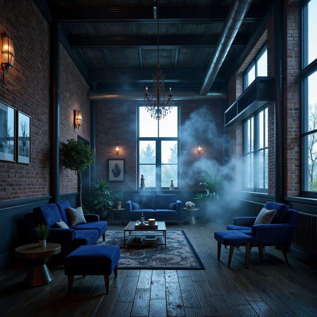 Prompt: \Moody Prussian blue accents, industrial-chic architecture, exposed brick walls, metallic beams, reclaimed wood floors, urban loft atmosphere, dramatic high ceilings, ornate metalwork details, rich velvet furnishings, mysterious ambient lighting, shallow depth of field, 1/1 composition, cinematic color grading, realistic textures, atmospheric fog effects.\