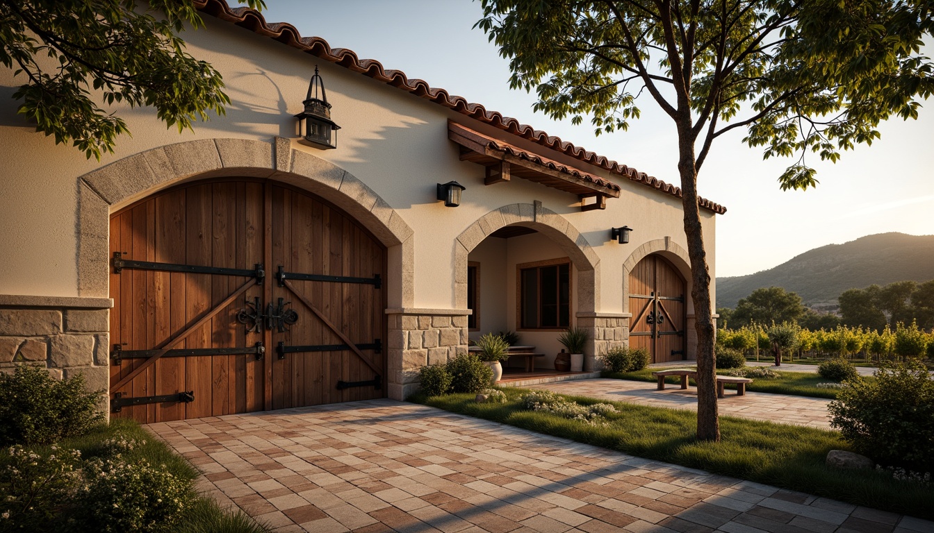 Prompt: Rustic winery, stone fa\u00e7ade, curved arches, ornate wooden doors, heavy iron hinges, distressed wood accents, terracotta roof tiles, lush vineyards, rolling hills, golden afternoon light, warm soft focus, shallow depth of field, 1/2 composition, dramatic chiaroscuro, realistic stonework, ambient occlusion, rich textures, subtle color grading.