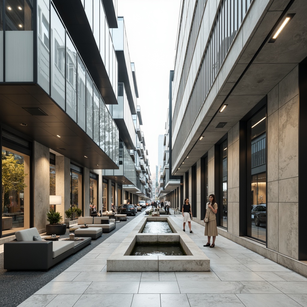 Prompt: Monochromatic color scheme, sleek glass facades, metallic accents, polished marble floors, minimalist decor, rectangular forms, flat roofs, cantilevered structures, urban cityscape, busy streets, modern skyscrapers, neutral tones, beige stone walls, black steel frames, frosted glass railings, subtle textures, shallow depth of field, 2/3 composition, softbox lighting, ambient occlusion.