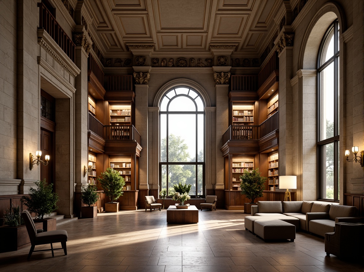 Prompt: Elegant neoclassical library, symmetrical facade, grand entrance, imposing columns, ornate details, rusticated stone walls, high ceilings, large arched windows, intricate moldings, refined wood paneling, comfortable reading areas, spacious atrium, natural light pouring in, soft warm illumination, subtle color palette, 1/1 composition, shallow depth of field, realistic textures, ambient occlusion.