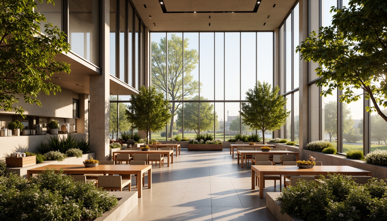 Prompt: Spacious dining hall, high ceilings, large windows, transparent glass doors, natural stone floors, minimal obstructions, open floor plan, bright airy atmosphere, soft warm lighting, shallow depth of field, 1/1 composition, panoramic view, realistic textures, ambient occlusion, lush greenery, blooming flowers, sunny day, morning light, afternoon warmth, evening glow.