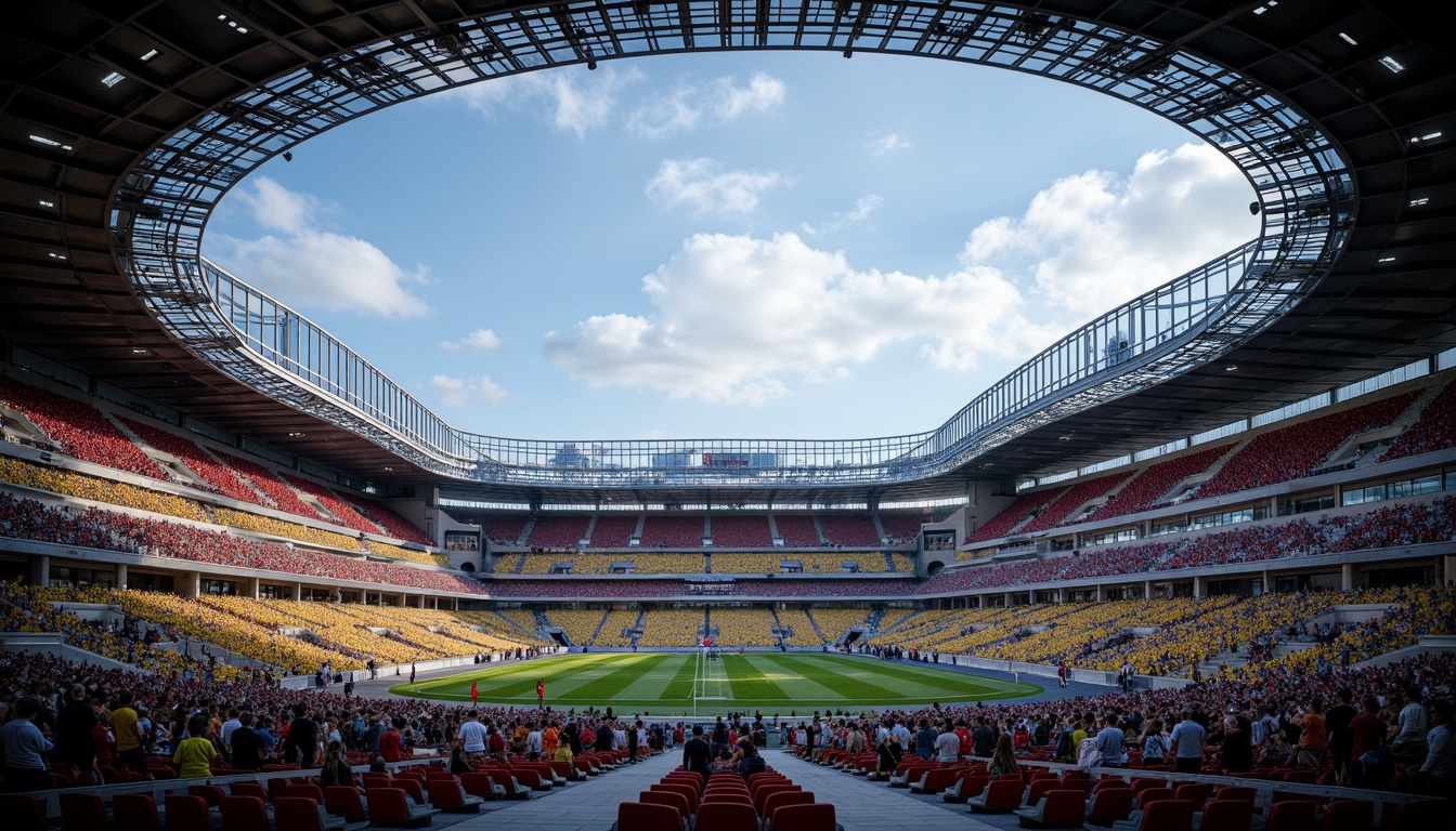 Prompt: Futuristic stadium design, curved rows of seats, ergonomic chairs, vibrant colored upholstery, sleek metal frames, cantilevered upper decks, dramatic overhead canopies, atmospheric lighting effects, misting systems, ambient occlusion, shallow depth of field, 3/4 composition, panoramic view, realistic textures, dynamic crowd simulation, excited spectator reactions, electric atmosphere, sports-themed decorations.