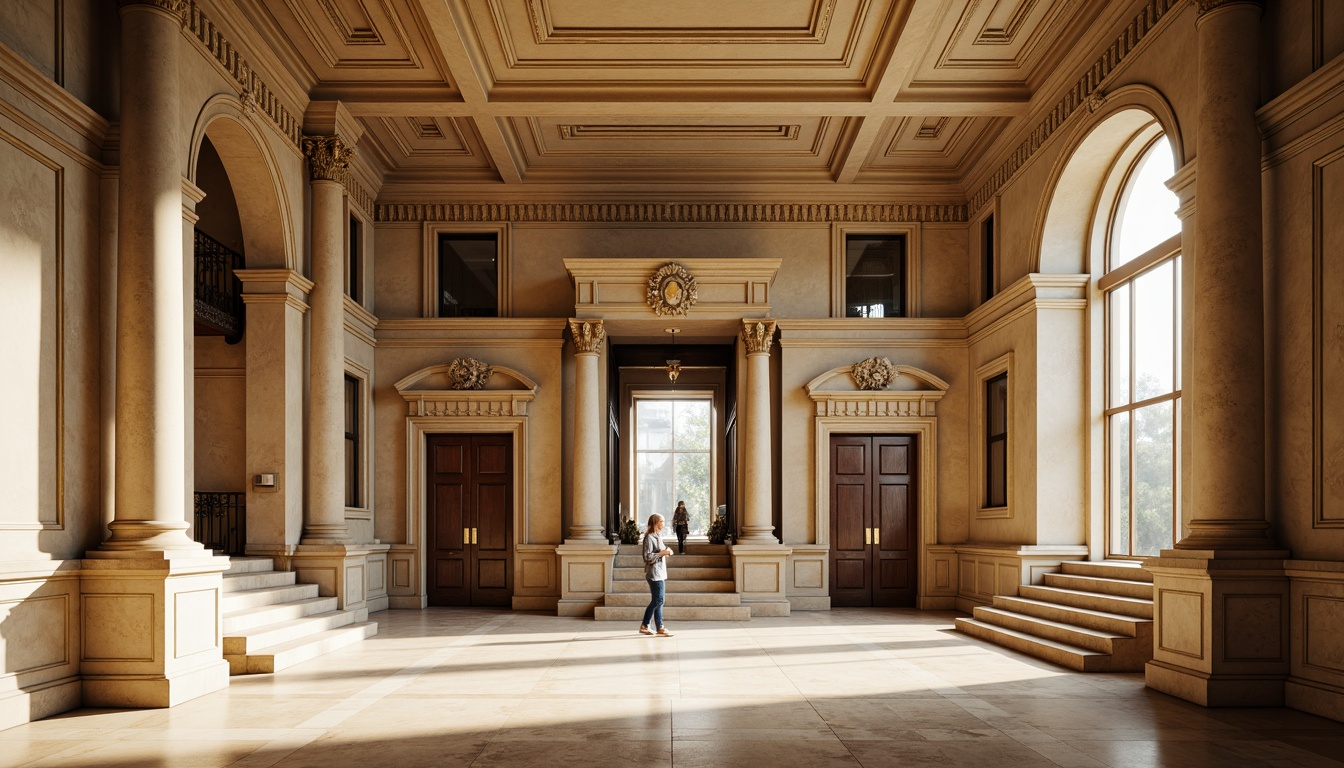 Prompt: Grandiose library facade, neoclassical columns, ornate carvings, rusticated stone walls, symmetrical architecture, imposing entrance, grand staircases, intricate moldings, classical pediments, marble flooring, high ceilings, large windows, natural light pouring in, warm beige tones, subtle texture details, slight wear and tear, realistic rendering, shallow depth of field, 1/2 composition, slight Dutch angle, soft warm lighting.