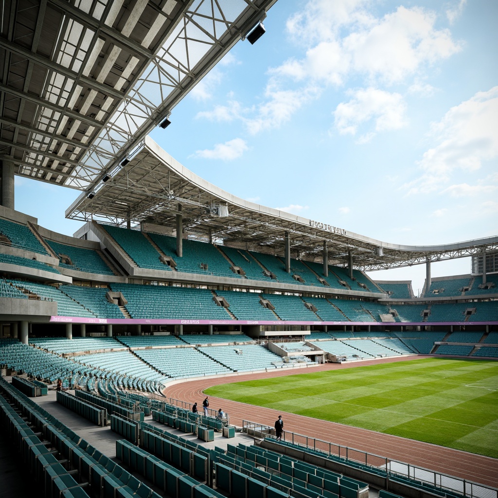 Prompt: Transparent stadium facade, sleek metal beams, cantilevered roofs, retractable seating, lush green turf, athletic track, modernist architecture, open-air concourses, natural ventilation systems, clear glass railings, minimalist design, sustainable building materials, energy-efficient LED lighting, daylight harvesting, panoramic views, shallow depth of field, 3/4 composition, realistic textures, ambient occlusion.