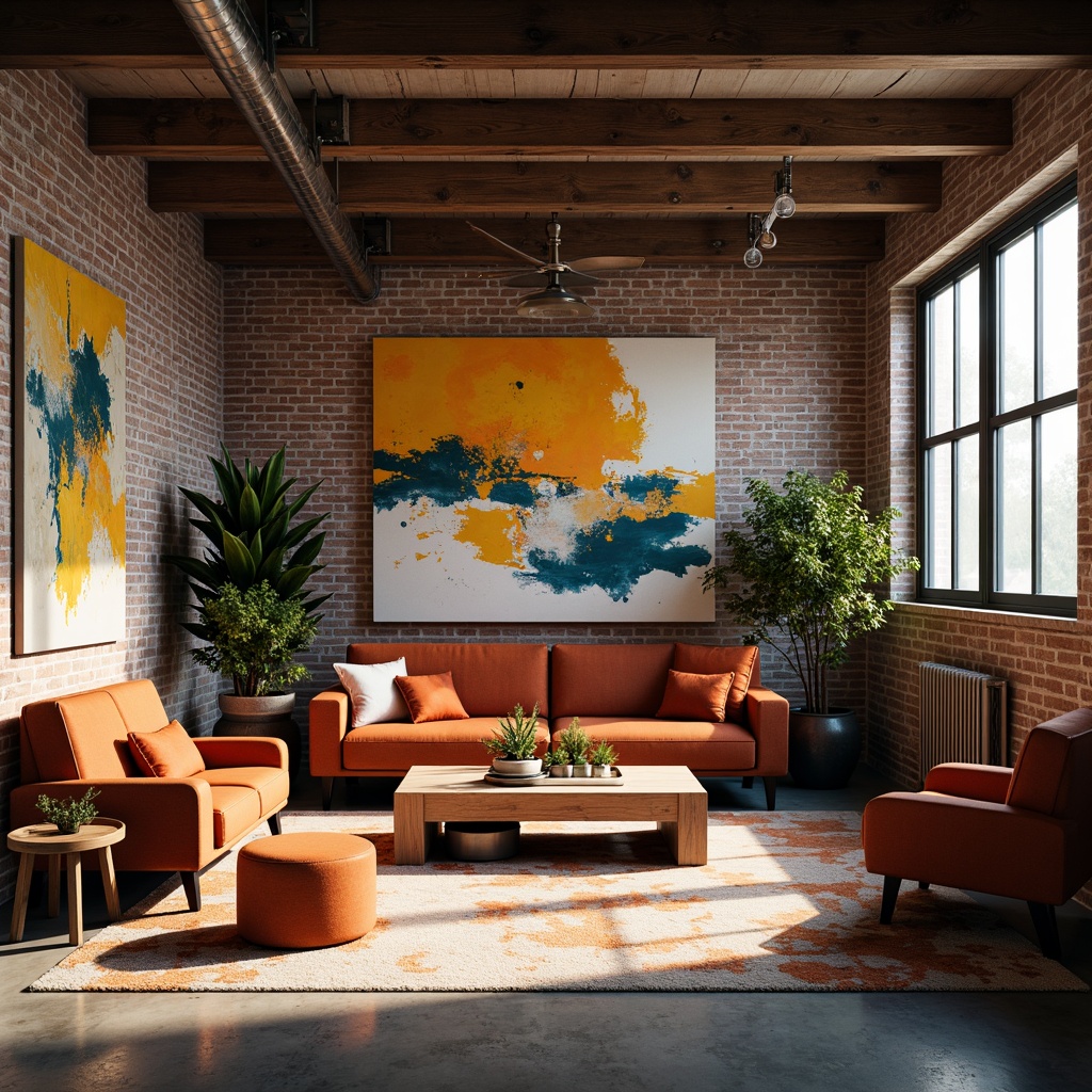 Prompt: Vibrant modern art studio, eclectic furniture, abstract paintings, bold brushstrokes, textured canvases, rich wood accents, industrial metal fixtures, exposed brick walls, large windows, natural light, soft warm glow, cinematic color grading, high contrast ratio, 3/4 composition, atmospheric perspective, realistic textures, ambient occlusion.