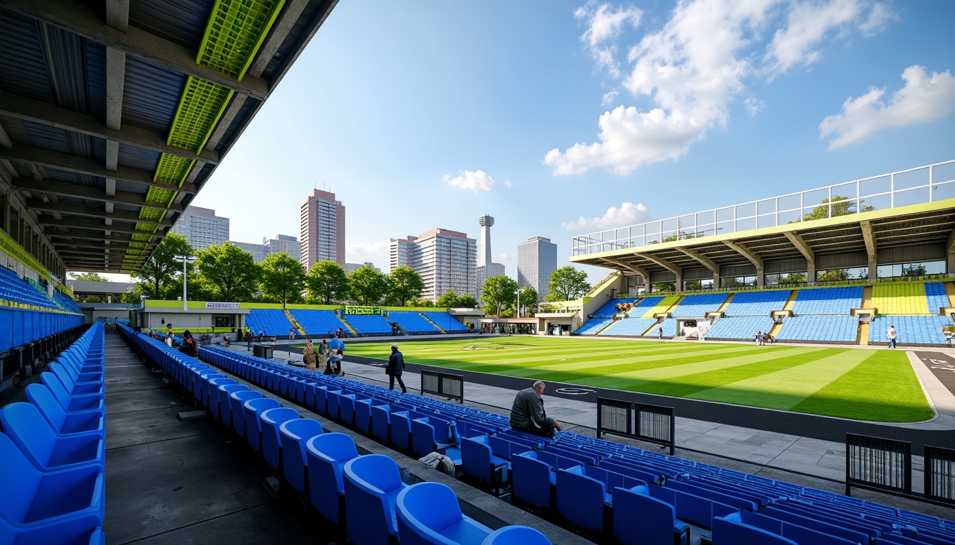 Prompt: Vibrant sports stadium, electric blue seats, neon green accents, bold yellow signage, dynamic LED lights, modern architecture, sleek metal beams, glossy concrete floors, urban cityscape, clear summer sky, warm sunny day, soft natural lighting, shallow depth of field, 1/1 composition, realistic textures, ambient occlusion.