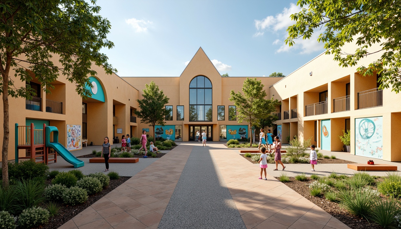 Prompt: Vibrant community center, warm beige exterior walls, bright turquoise accents, inviting green spaces, playful children's playground, colorful murals, eclectic urban art, natural wood textures, earthy tone sidewalks, modern angular architecture, large glass windows, abundant sunlight, cozy indoor atmosphere, soft warm lighting, shallow depth of field, 3/4 composition, panoramic view, realistic textures, ambient occlusion.