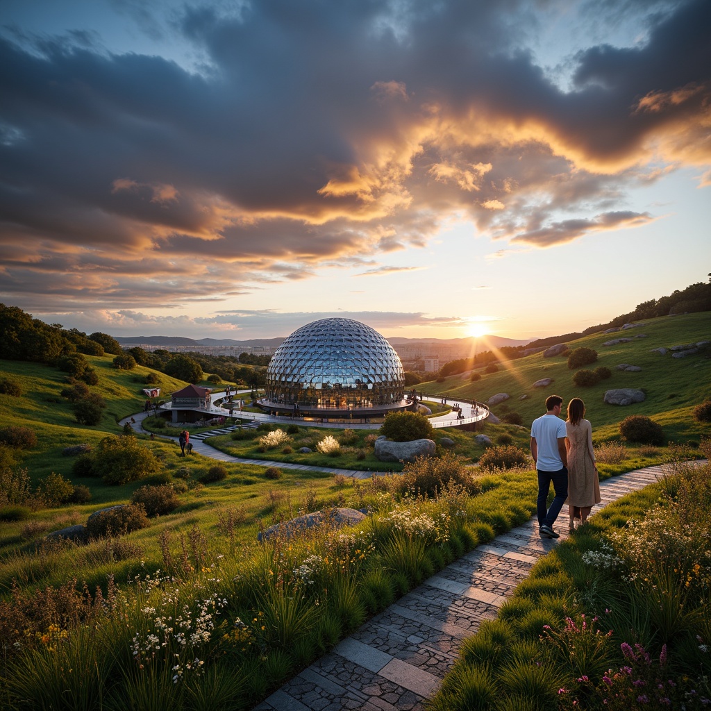 Prompt: Grassland planetarium, rolling hills, wildflowers, native grasses, meandering pathways, star-gazing decks, telescopic observatory, futuristic dome architecture, metallic latticework, celestial-inspired lighting, soft misting systems, ambient soundscape, 360-degree panoramic views, shallow depth of field, realistic textures, warm sunset colors, dramatic cloud formations, gentle breeze, educational signage, interactive exhibits, galaxy-patterned flooring, astronomical instruments, natural stone accents.