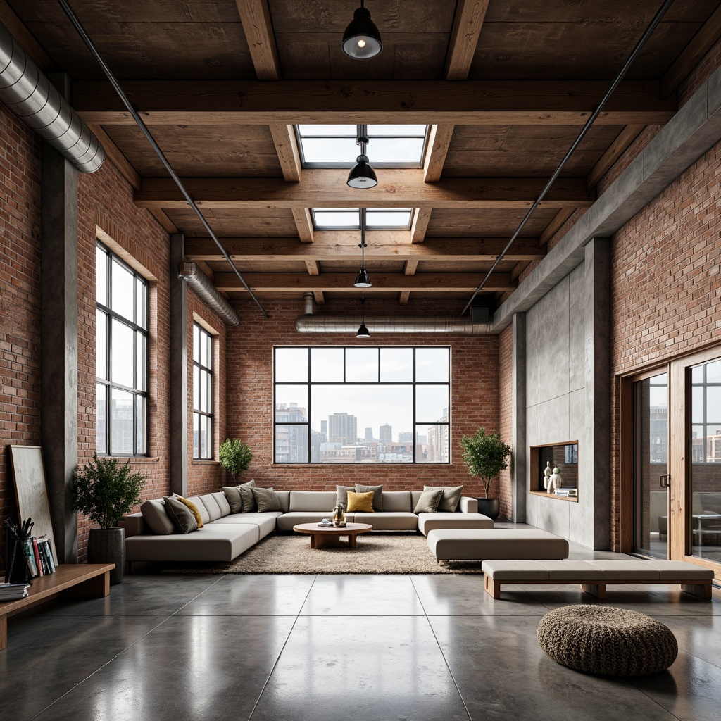 Prompt: Industrial warehouse conversion, exposed brick walls, polished concrete floors, steel beams, reclaimed wood accents, minimalist decor, neutral color palette, natural light pouring through clerestory windows, urban cityscape views, modern industrial chic aesthetic, brutalist architectural style, functional simplicity, sustainable building practices, eco-friendly materials, textured fabrics, metallic accents, warm ambient lighting, shallow depth of field, 1/1 composition, realistic reflections.