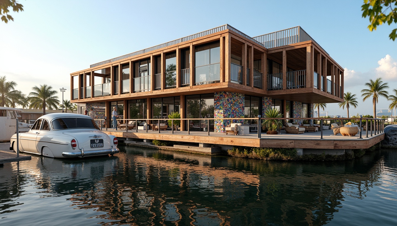 Prompt: Waterfront boathouse, eclectic facade design, mixed materials, wooden accents, rusty metal elements, vintage nautical decorations, colorful glass fragments, irregular shapes, asymmetrical composition, dynamic lighting effects, shimmering water reflections, sunny day, soft warm glow, shallow depth of field, 1/1 composition, realistic textures, ambient occlusion.