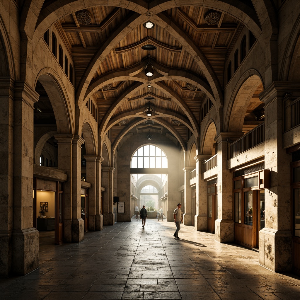 Prompt: Grandiose metro station, vaulted ceilings, ornate archways, rustic stonework, rough-hewn granite walls, Romanesque columns, intricate carvings, ornamental capitals, weathered bronze doors, industrial-era lighting fixtures, worn stone flooring, atmospheric misting, dramatic shadows, warm golden lighting, 1/2 composition, symmetrical framing, realistic textures, ambient occlusion.