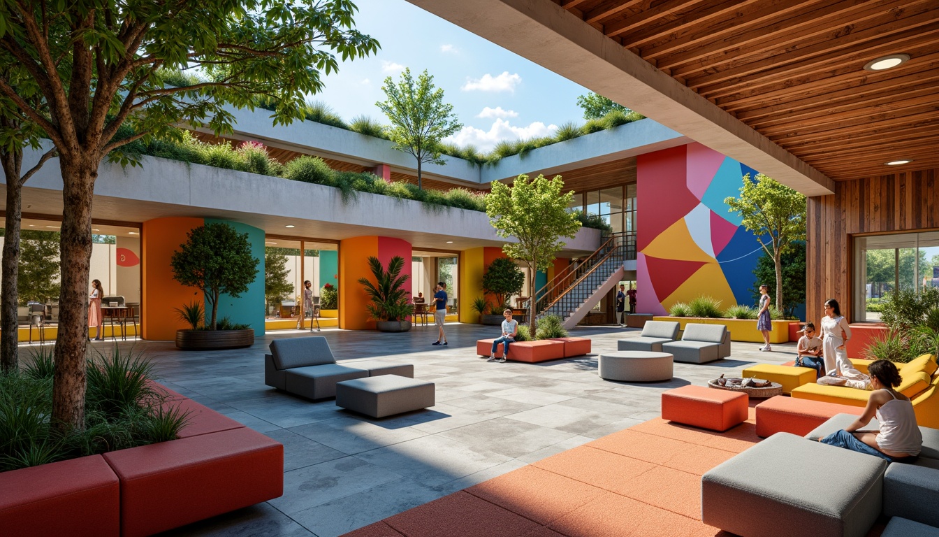 Prompt: Vibrant visitor center, bold color blocking, contrasting hues, dynamic visual flow, natural materials palette, earthy tones, wooden accents, green walls, living roofs, modern architecture, angular lines, geometric shapes, abstract art installations, interactive exhibits, immersive experiences, soft warm lighting, ambient occlusion, shallow depth of field, 3/4 composition, panoramic view.