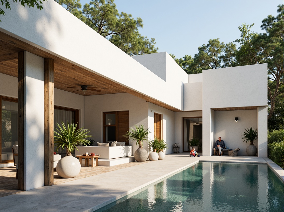 Prompt: Minimalist villa, clean lines, white stucco walls, large windows, sliding glass doors, open floor plan, natural light, sparse decor, industrial materials, exposed ductwork, concrete floors, wooden accents, green roof, surrounding trees, serene atmosphere, warm sunlight, soft shadows, shallow depth of field, 2/3 composition, atmospheric perspective.