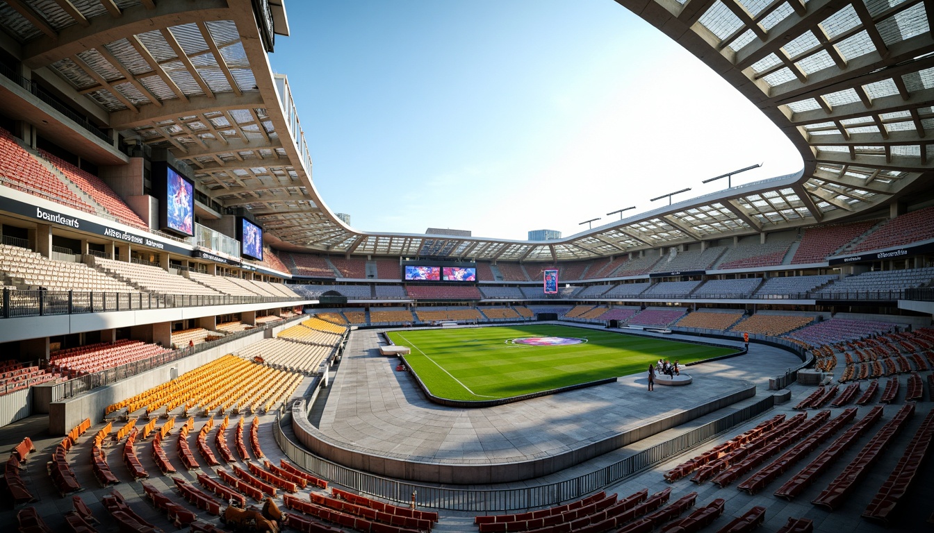 Prompt: Transparent stadium fa\u00e7ade, sleek modern design, cantilevered roofs, open-air concourses, glass-enclosed walkways, LED scoreboard displays, vibrant colorful seating, natural stone flooring, panoramic city views, daytime sunlight illumination, soft warm lighting, shallow depth of field, 3/4 composition, realistic textures, ambient occlusion.