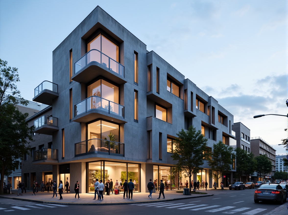 Prompt: Clean lines, minimalist facade, rectangular forms, cantilevered balconies, large glass windows, sliding doors, industrial materials, exposed ductwork, urban cityscape, bustling streets, daytime natural light, shallow depth of field, 1/1 composition, symmetrical elements, monochromatic color scheme, brutalist influences, functional simplicity, raw concrete textures, metal accents, LED lighting, evening ambient glow.