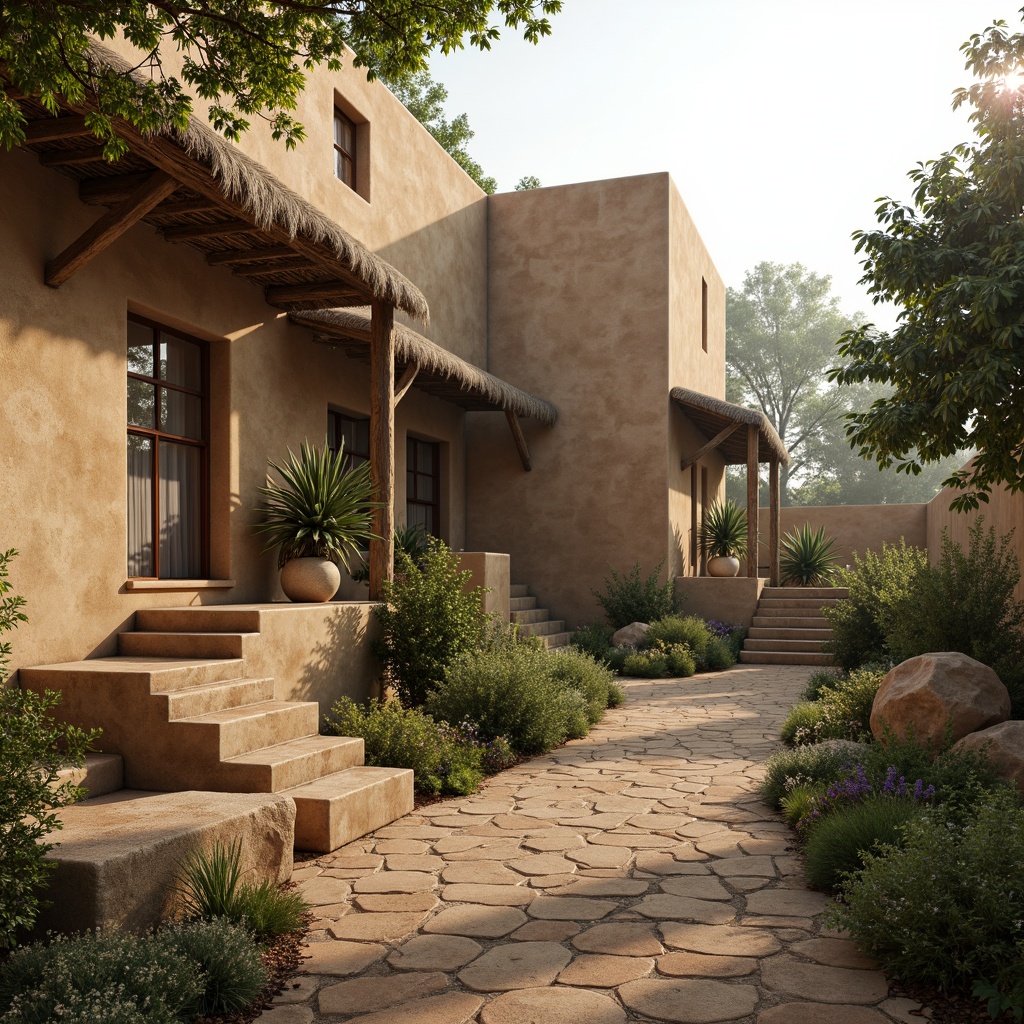 Prompt: Earthy mud architecture, natural rustic walls, rough organic textures, hand-crafted details, warm beige tones, earthy brown hues, coarse stone foundations, wooden accents, thatched roofs, lush greenery surroundings, misty morning atmosphere, soft diffused lighting, shallow depth of field, 2/3 composition, realistic renderings, ambient occlusion.