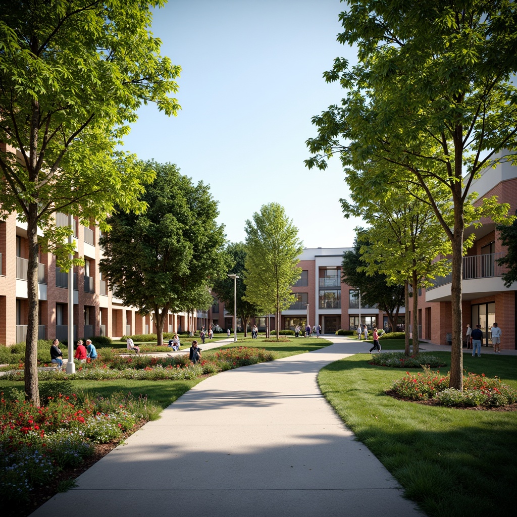 Prompt: Harmonious school campus, lush greenery surroundings, mature trees, vibrant flowerbeds, educational signage, natural stone walkways, modern brick buildings, large windows, glass doors, blooming gardens, sunny day, soft warm lighting, shallow depth of field, 3/4 composition, panoramic view, realistic textures, ambient occlusion, contextual integration, environmental harmony.