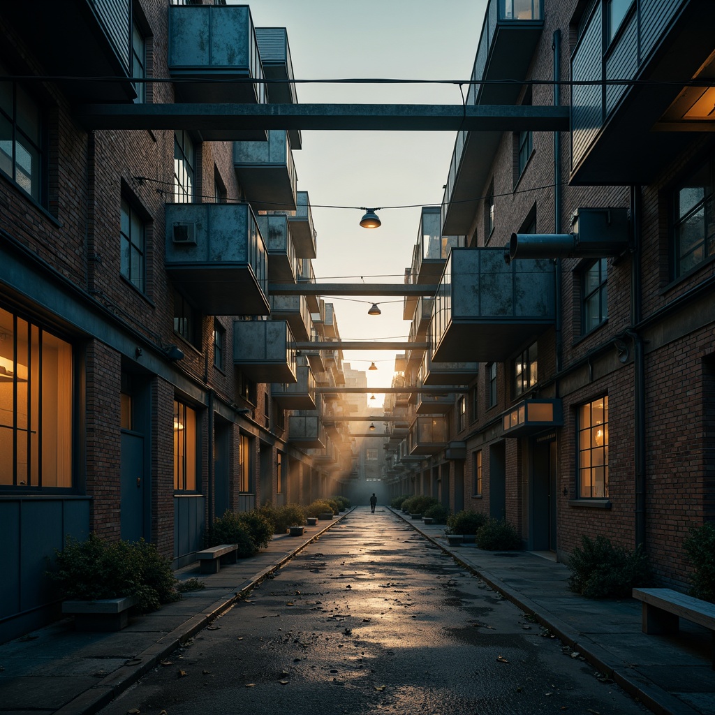 Prompt: Moody urban landscape, industrial buildings, distressed brick walls, Prussian blue accents, steel beams, exposed ductwork, gritty concrete floors, reclaimed wood textures, vintage factory windows, atmospheric mist, warm golden lighting, shallow depth of field, 2/3 composition, cinematic view, high-contrast rendering, ambient occlusion.