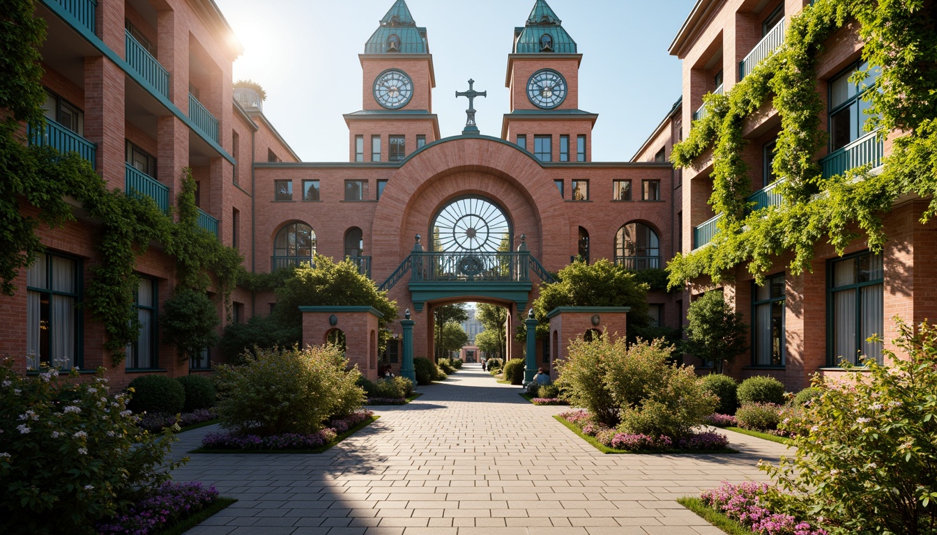 Prompt: Intricate ironwork, ornate facades, sinuous lines, flowing curves, organic forms, lavish decorations, grand entrance gates, rustic stone walls, vibrant turquoise accents, stained glass windows, majestic clock towers, sprawling ivy, lush greenery, blooming flowers, serene campus courtyard, warm afternoon sunlight, soft golden lighting, shallow depth of field, 3/4 composition, realistic textures, ambient occlusion.