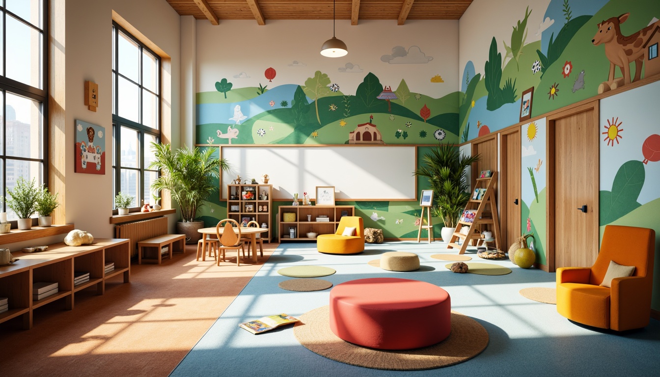 Prompt: Vibrant kindergarten, playful murals, colorful furniture, soft carpet flooring, educational toys, interactive whiteboards, collaborative learning areas, cozy reading nooks, natural wood accents, abundant daylight, gentle warm lighting, shallow depth of field, 1/1 composition, panoramic view, realistic textures, ambient occlusion.