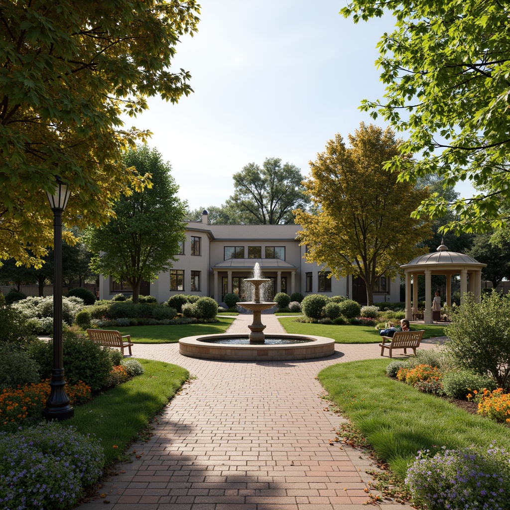 Prompt: Lush green lawns, vintage street lamps, elegant fountains, ornate benches, charming gazebos, blooming flowerbeds, manicured hedges, natural stone pathways, brick sidewalks, classic suburban homes, warm neutral color palette, soft afternoon sunlight, shallow depth of field, 3/4 composition, serene atmosphere, realistic textures, ambient occlusion.