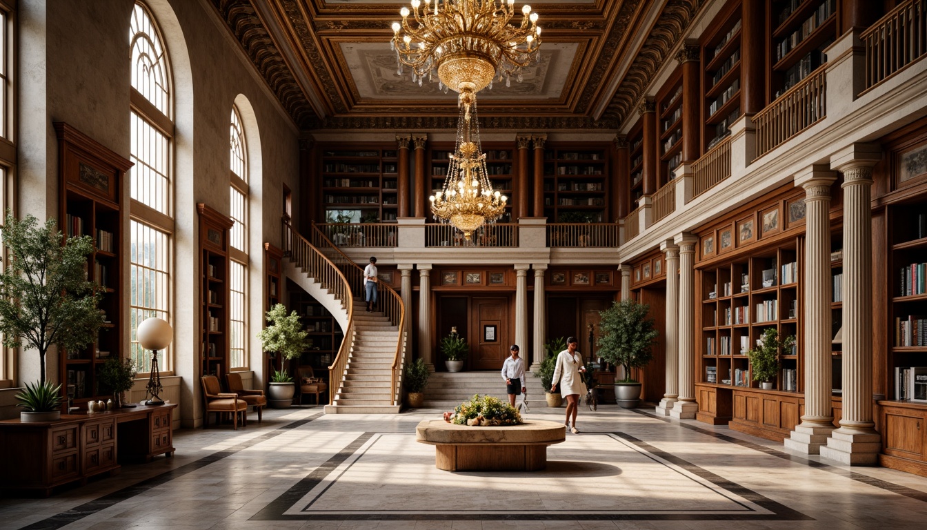 Prompt: Grandiose library interior, symmetrical floor plan, neoclassical architecture, ornate columns, arched windows, vaulted ceilings, intricate moldings, luxurious chandeliers, rich wood paneling, elegant marble floors, sweeping staircases, imposing stone facades, majestic entrance halls, harmonious proportions, balanced composition, warm soft lighting, shallow depth of field, 1/1 composition, realistic textures, ambient occlusion.