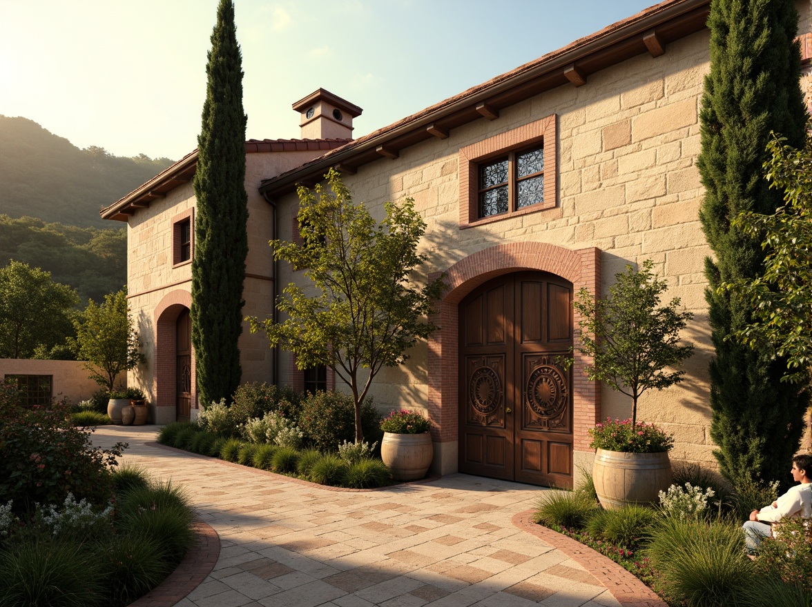 Prompt: Renaissance-style winery facade, rustic stone walls, aged brick arches, ornate wooden doors, decorative metalwork, grand entrance gates, lush vineyard surroundings, rolling hills, sunny Tuscan landscape, warm golden lighting, soft misty atmosphere, classical column details, intricately carved stonework, earthy color palette, natural stone flooring, elegant wine cellar entrances, vintage wine barrels, rustic wooden accents, Mediterranean-inspired landscaping.