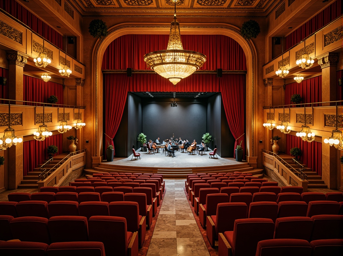 Prompt: Luxurious concert hall, rich wood tones, polished marble floors, velvety red curtains, ornate golden chandeliers, plush seating areas, grand staircases, high ceilings, dramatic lighting effects, warm ambient glow, shallow depth of field, 2/3 composition, symmetrical architecture, neoclassical style, intricate moldings, acoustic panels, state-of-the-art sound systems, comfortable audience seating, intimate performance spaces.